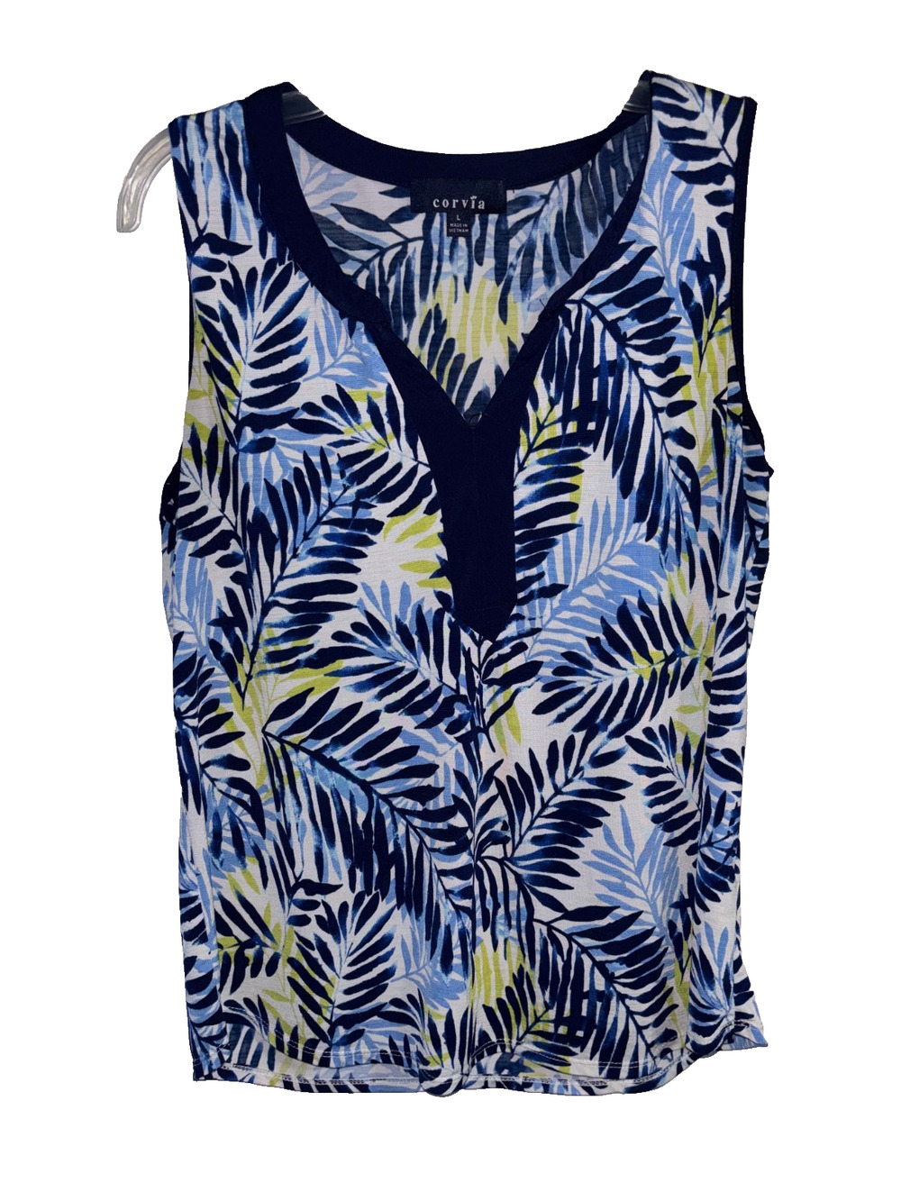 Corvia Tank Top Women's Large L Blue Lime Green Tropical Palm Leaf Print V-Neck